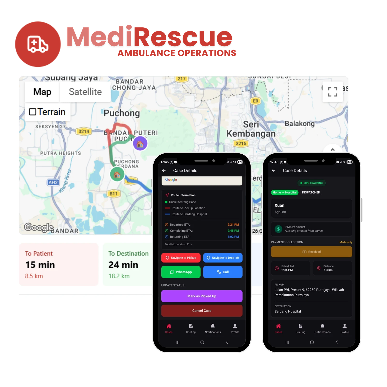 MediRescue by AnyHealth: ambulance dispatch coordination with live fleet map, ETAs, and crew app showing case details, navigation and payment collection