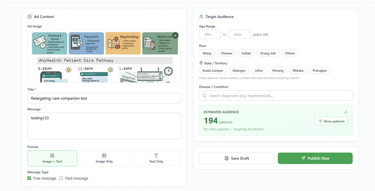 AnyHealth healthcare CRM campaign builder: target audience filters by age, location and condition with estimated audience size and free WhatsApp message templates