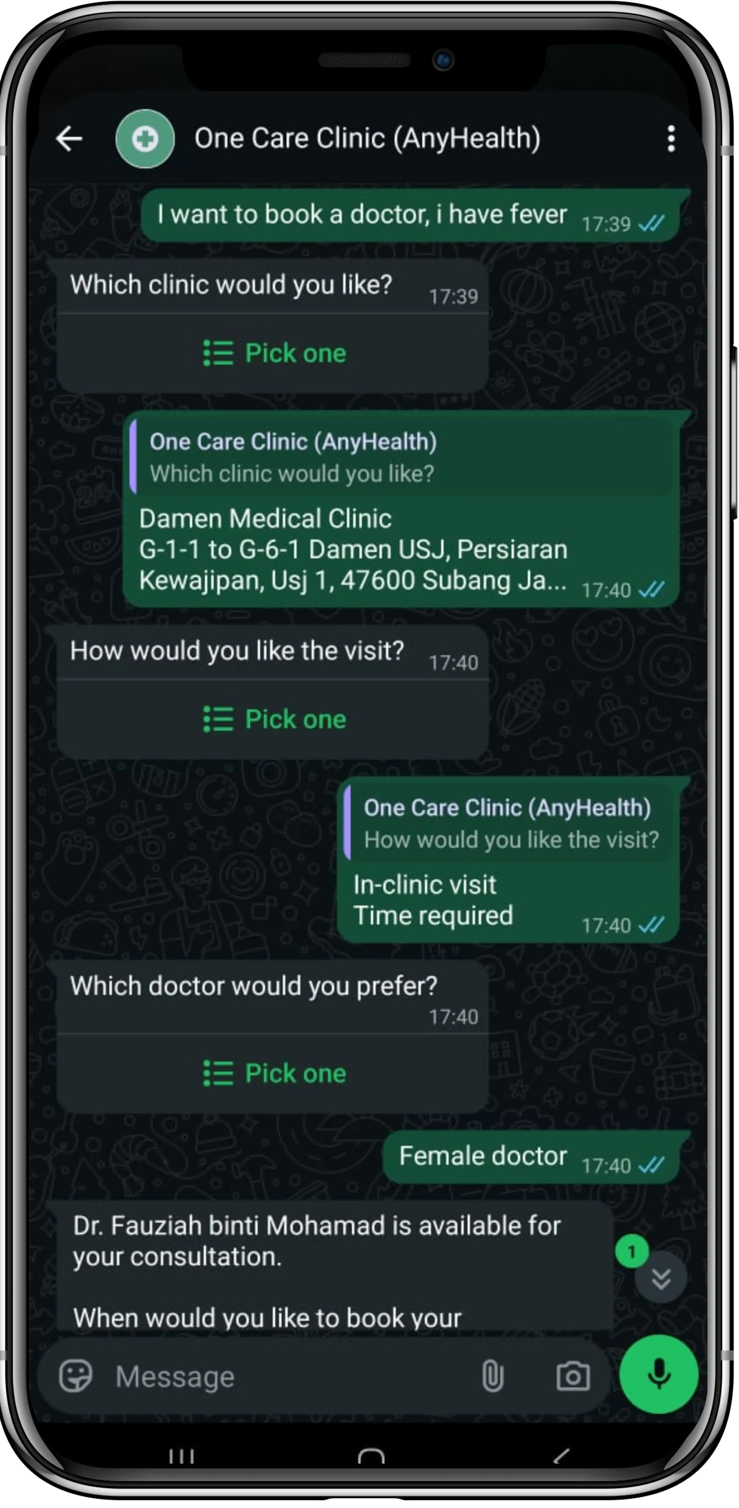 WhatsApp chatbot for clinics booking an appointment: patient picks clinic, visit type and doctor in chat