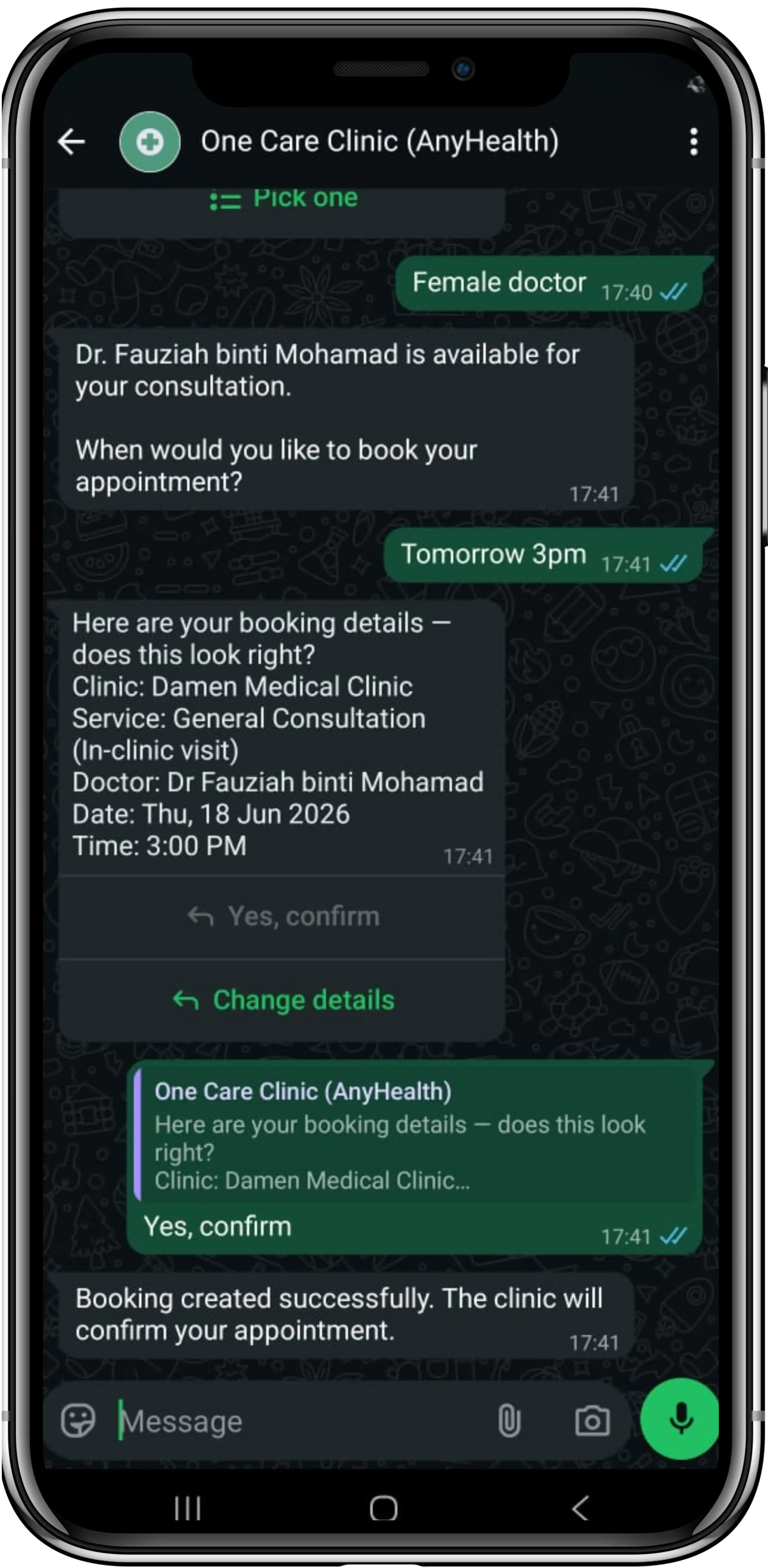 WhatsApp medical appointment booking confirmation with doctor, date and time