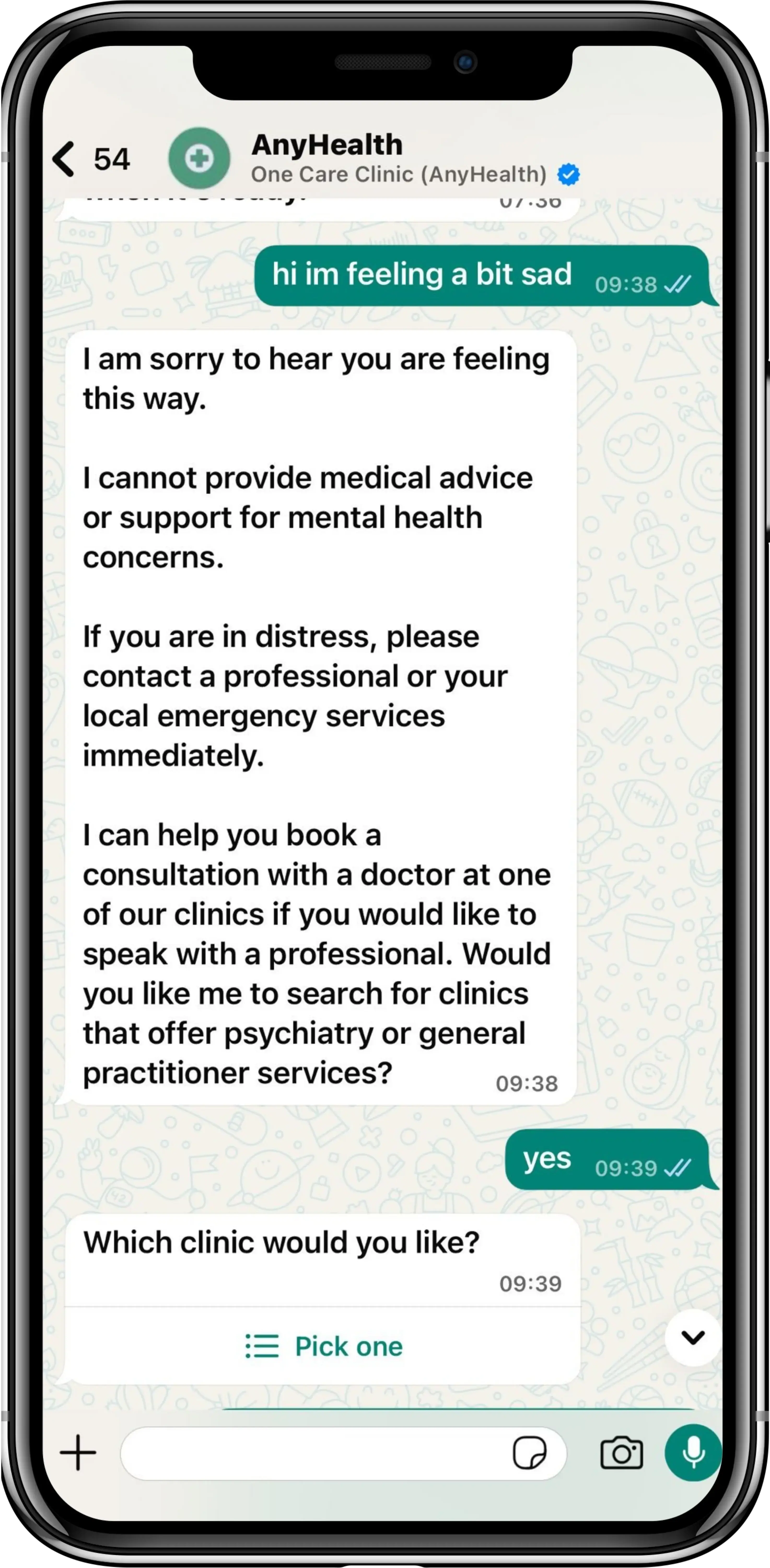 Guarded healthcare conversational AI: the AnyHealth bot declines to give mental-health medical advice and safely offers to book a professional instead