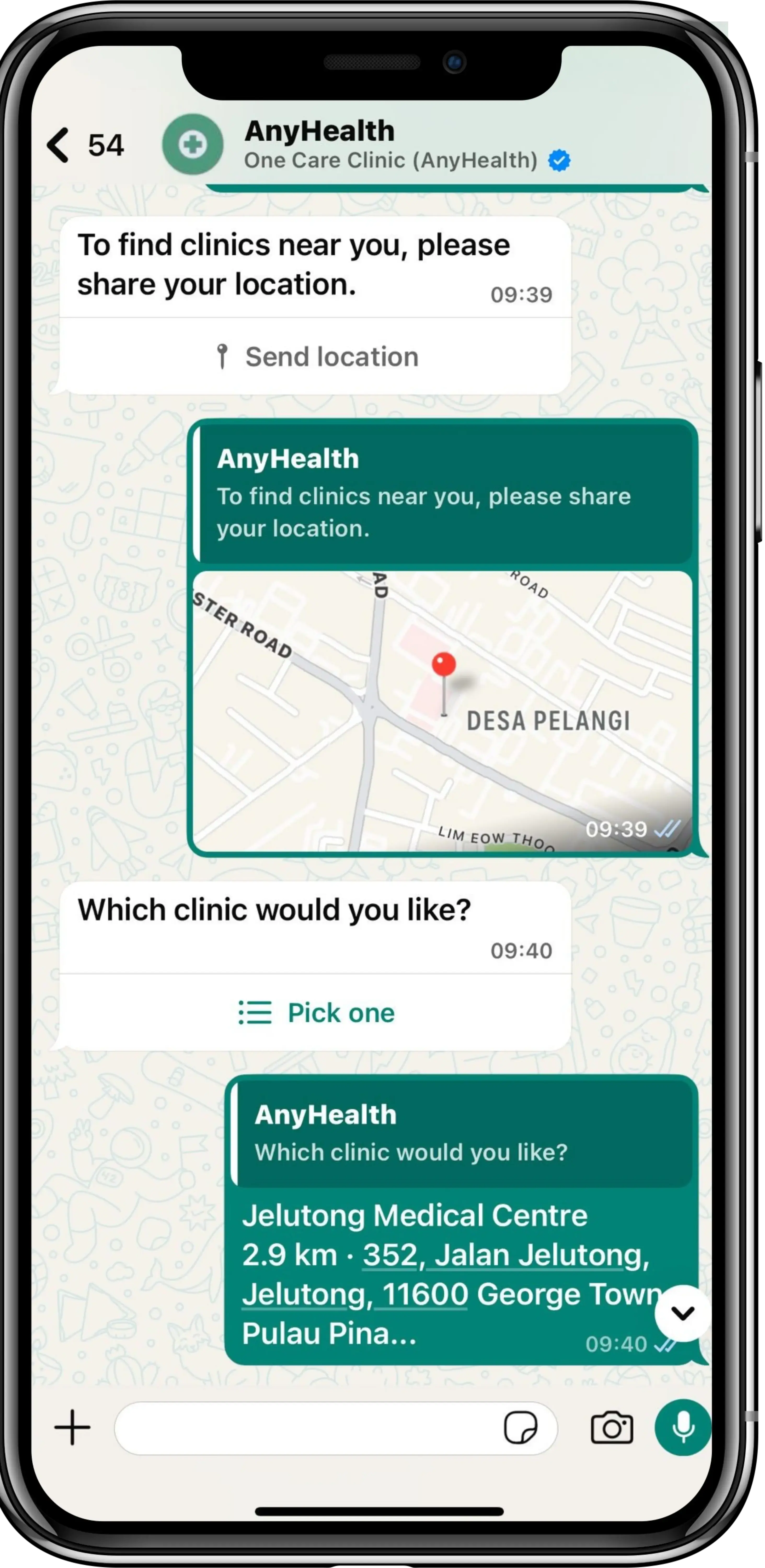 AnyHealth location finder on WhatsApp: patient shares location and the bot suggests the nearest clinic branch with distance and address