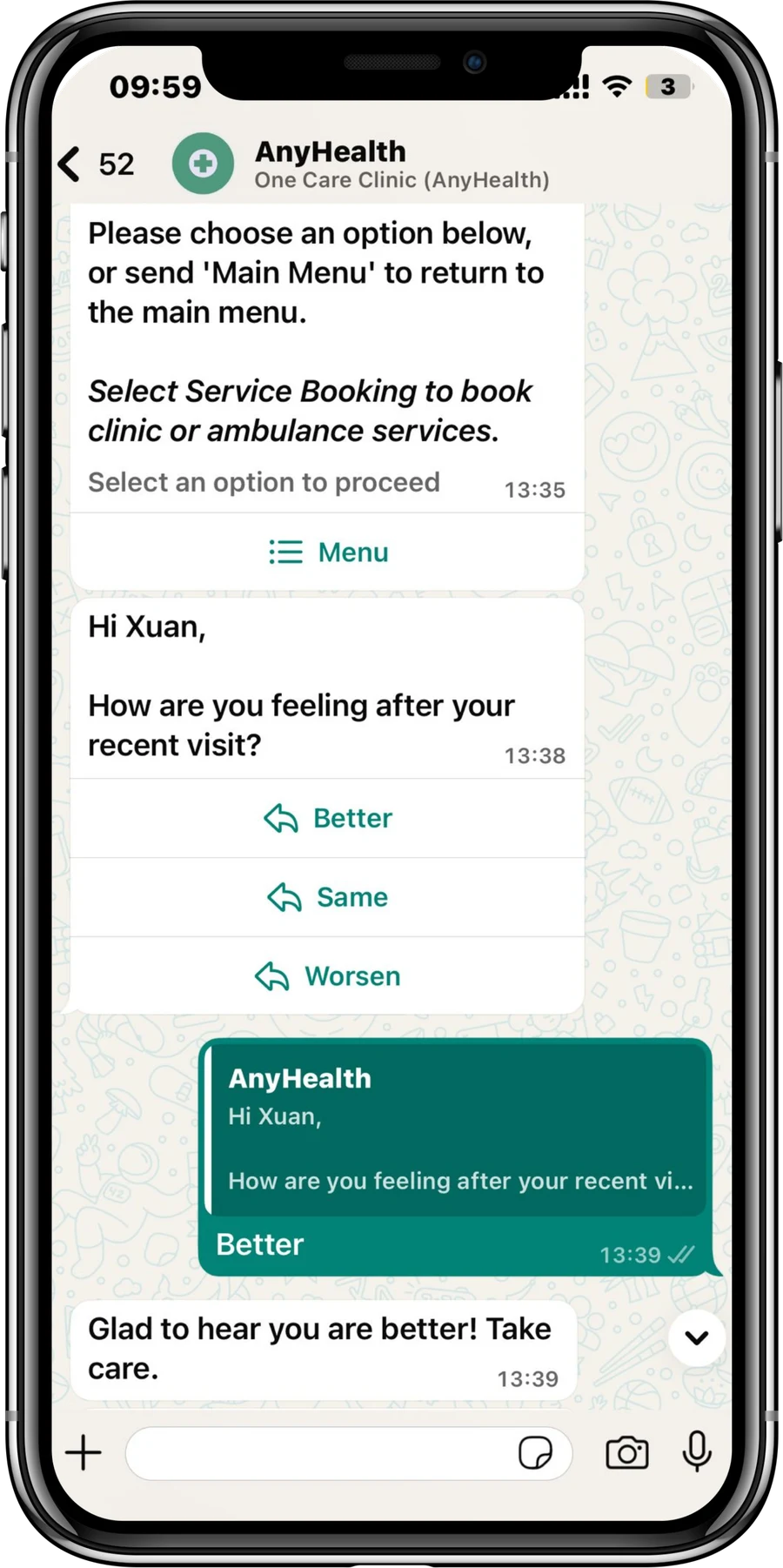 Digital patient follow-up on WhatsApp: automated post-visit check-in asking how the patient feels, with one-tap Better/Same/Worsen replies